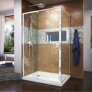 DREAMLINE DL-6719L-01CL FLEX 36IN D X 48IN W X 74-3/4IN H SEMI-FRAMELESS PIVOT SHOWER ENCLOSURE IN CHROME LEFT DRAIN WHITE BASE KIT