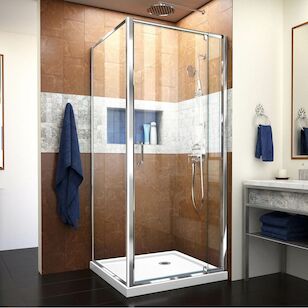 DREAMLINE DL-6714-01CL FLEX 32IN X 32IN SEMI-FRAMELESS PIVOT SHOWER ENCLOSURE IN CHROME CORNER DRAIN WHITE BASE KIT