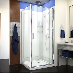 DREAMLINE DL-6716-01CL FLEX 32IN D X 32IN W X 76-3/4IN H PIVOT SHOWER ENCLOSURE IN CHROME CORNER DRAIN WHITE BASE AND BACKWALL KIT