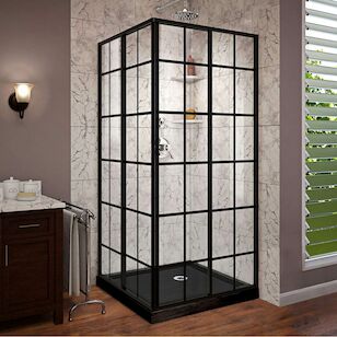 DREAMLINE DL-6789-09 FRENCH CORNER 36IN D X 36IN W X 74-3/4IN H SLIDING SHOWER ENCLOSURE IN SATIN BLACK AND CORNER DRAIN BLACK BASE KIT